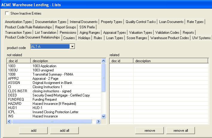 Tab - Lists - Product Code Document Relationships