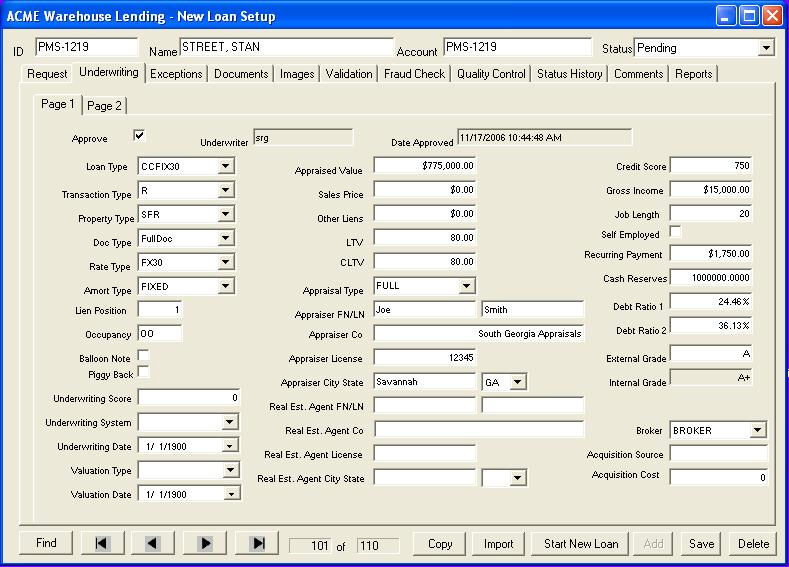 Tab Add/Edit Underwriting